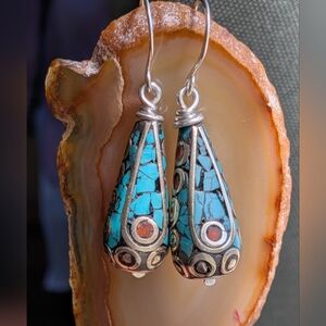 Turquoise Inlay Sterling Silver Earrings With Coral Accents Vintage Tibetan Bead